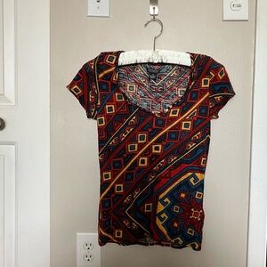 Lucky Brand XS Geometric Print Pattern Women's Short Sleeved Shirt V Neck